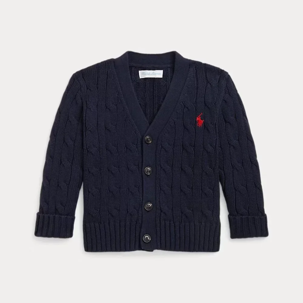 Ralph Lauren Cable-Knit Cotton V-Neck Cardigan & Steiff First Teddy Bear NWT